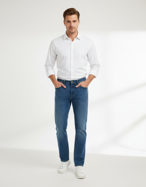 Mufti mid-blue stretch denim jeans.